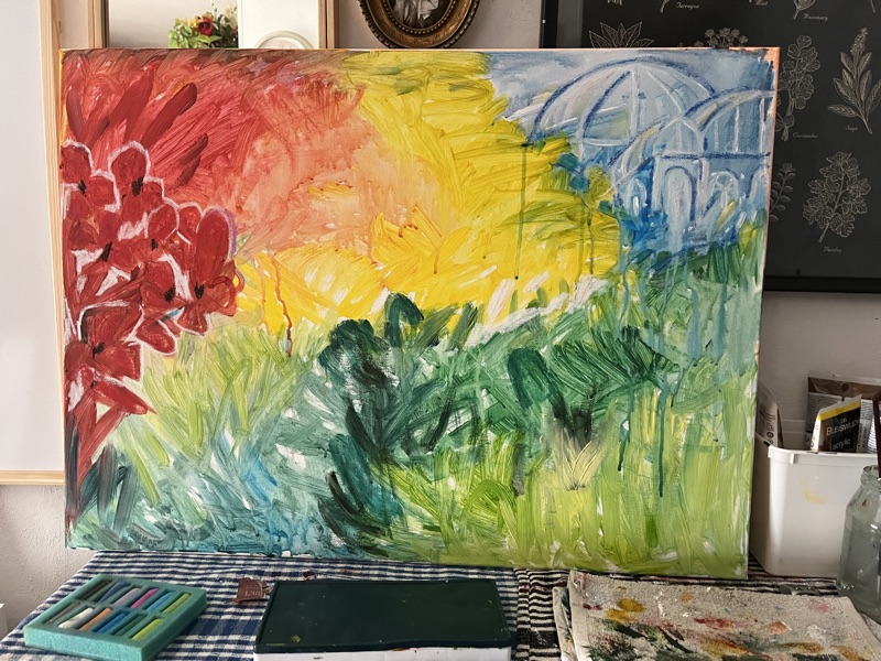 A painting full of color, with a cathedral-glasshouse carved into the top right corner and a swarm of red butterflies on the left